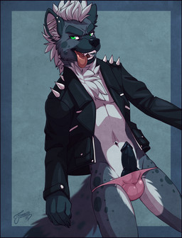 alternative_fashion animal_genitalia anthro balls biped clothed clothing ear_piercing erection fluffy fur genitals green_eyes hair inviting jacket knot looking_at_viewer male mohawk navel open_mouth panties panties_down partially_clothed penis penis_poking_out piercing punk smile solo spiky_hair teeth tongue tongue_out topwear underwear underwear_down feralise deadbeat hyena mammal spotted_hyena 2015