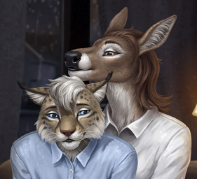 anthro blue_clothing blue_eyes blue_topwear brown_body brown_fur brown_hair brown_nose cheek_tuft clothed clothing duo facial_tuft front_view fur glistening glistening_eyes hair looking_at_viewer male male_anthro mouth_closed orange_eyes short_hair tan_body tan_fur topwear tuft whiskers white_body white_clothing white_fur white_hair white_topwear himeragoldtail daven_(hooves_and_alfons) kristine_(hooves_and_alfons) deer felid feline lynx mammal