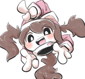 3_arms blush brown_hair clothed clothing gesture hair hand_gesture looking_at_viewer multi_arm multi_limb not_furry pointing pointing_at_viewer ponytail simple_background smile solo white_background white_body doneru waddling_head hi_res