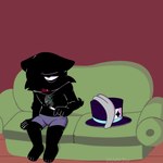 anthro black_body black_fur clothed clothing fur furniture male on_sofa simple_background sitting sitting_on_sofa smoking sofa solo tired_expression toony underwear underwear_only v01dst3lar undertale_(series) undertale_yellow ace_(undertale_yellow) felid feline mammal 1:1 hi_res shaded simple_shading