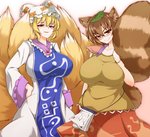 big_breasts blonde_hair blush bottomwear breasts brown_eyes brown_hair clothed clothing dipstick_tail dress duo eyewear female fluffy fluffy_tail fully_clothed glasses hair hand_on_hip hat headgear headwear holding_tail inner_ear_fluff leaf light_body light_skin looking_at_viewer markings multi_tail multicolored_tail ring_(marking) ringed_tail skirt smile standing striped_markings striped_tail stripes tabard tail tail_markings tuft white_clothing white_dress pandain touhou mamizou_futatsuiwa ran_yakumo animal_humanoid canid canid_humanoid canine canine_humanoid fox_humanoid humanoid mammal mammal_humanoid tanuki_humanoid