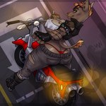anthro biker brown_body clothing female looking_at_viewer mohawk motorcycle night pose road solo tattoo topwear vehicle vest lostwisdom canid canine mammal hi_res