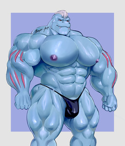 abs biceps big_muscles big_pecs border bulge clothing forearm_muscles huge_muscles huge_pecs hyper hyper_muscles hyper_pecs male muscular nipples obliques oiled_body pecs purple_background simple_background solo thong thong_straps trapezius underwear vein white_border masquep1768 nintendo pokemon generation_1_pokemon humanoid machoke pokemon_(species) absurd_res hi_res