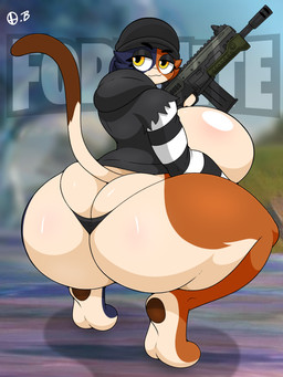 anthro big_breasts big_butt breasts butt butt_cleavage clothing crouching dipstick_tail exposed_breasts feet female female_anthro gun half-closed_eyes holding_gun holding_object holding_ranged_weapon holding_weapon hoodie huge_breasts huge_butt huge_thighs looking_back markings mottled multicolored_body narrowed_eyes piebald pupils ranged_weapon side_boob smile soles solo tail tail_markings thick_thighs thong topwear underwear weapon wide_hips yellow_eyes omegabrawl epic_games fortnite meow_skulls calico_cat domestic_cat felid feline felis mammal 2022 3:4 digital_media_(artwork) hi_res
