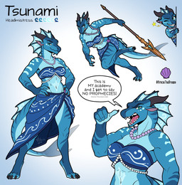 anthro female jewelry melee_weapon necklace polearm spear weapon arkciathedragon mythology wings_of_fire tsunami_(wof) dragon mythological_creature mythological_scalie scalie seawing_(wof) hi_res model_sheet