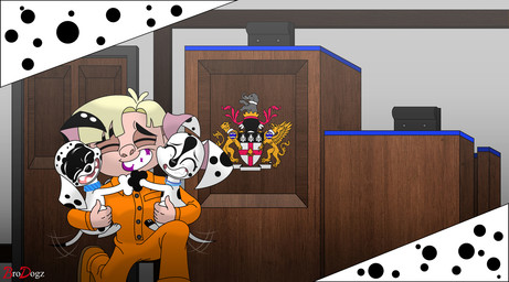black_markings black_paws black_spots blonde_hair blue_collar collar courtroom facial_markings female feral fur group hair head_markings heterochromatic_ears hug male markings mask_(marking) orange_jumpsuit pink_inner_ear prison_uniform spots spotted_body spotted_fur tail tail_motion tailwag trio white_body white_fur brodogz 101_dalmatian_street 101_dalmatians disney dee_dee_(101_dalmatians) dizzy_(101_dalmatians) hunter_de_vil canid canine canis dalmatian domestic_dog human mammal hi_res
