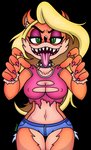 anthro belly blonde_hair bottomwear breasts clothed clothing collar female fur green_eyes hair orange_body orange_fur sharp_teeth shirt shorts solo spiked_collar spikes teeth tongue tongue_out topwear torn_clothing torn_shirt torn_topwear boleroofbooty 4chan activision crash_bandicoot_(series) tawna_bandicoot bandicoot mammal marsupial absurd_res alpha_channel hi_res