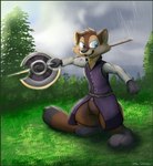 anthro axe battle_axe border fantasy green_border halberd male medieval medieval_clothing melee_weapon polearm solo spring weapon zenfetcher kiefer gulonine mammal marten mustelid musteline pine_marten absurd_res hi_res