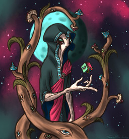 ambiguous_gender clothing facial_markings fungus head_markings hood levitating_object markings multi_eye mushroom nebula pale_skin planet plant psychedelic robe solo space spots spotted_body star taraelblackwing alien alien_humanoid humanoid roswell_grey hi_res