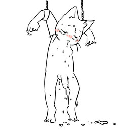 anthro balls blush bodily_fluids bound chain chained cum drooling flaccid genital_fluids genitals humanoid_genitalia humanoid_penis male penis saliva solo young young_anthro young_male leeeunwoo0224 domestic_cat felid feline felis mammal 1:1 2020 monochrome
