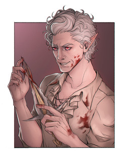 5_fingers arms_bent blood blood_on_clothing blood_on_face blood_on_knife blood_on_shirt bodily_fluids border clothed clothed_humanoid clothed_male clothing eyebrows eyelashes fangs fingernails fingers grey_eyebrows grey_hair hair holding_knife holding_object humanoid_pointy_ears knife left-handed light lips male nails not_furry pointy_ears red_background red_eyes simple_background solo tan_body tan_clothing tan_fingernails tan_lips tan_nails tan_shirt tan_skin tan_topwear teeth toothy_grin topwear wavy_hair white_border marie_gelebart baldur's_gate baldur's_gate_3 larian_studios astarion_(baldur's_gate) elf humanoid hybrid vampire 2025 absurd_res bust_portrait colored digital_drawing_(artwork) digital_media_(artwork) english_description hi_res lighting portrait shaded