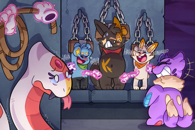bodily_fluids bound chain chained chained_to_wall clenched_teeth crying_laughing disembodied_hand feathers feral group holding_object holding_rope imminent_tickling laugh male rope shaking sweat tears teeth text tickle_torture tickling tongue tongue_out toony dollytraiter07 digimon_frontier nintendo pokemon pokemon_mystery_dungeon spike_chunsoft buizel generation_3_pokemon generation_4_pokemon generation_8_pokemon pokemon_(species) scorbunny seviper shinx zangoose 3:2 english_text hi_res