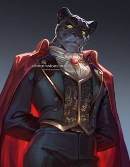 anthro cape clothed clothing fur male markings melanistic red_cape red_clothing simple_background solo spots spotted_body spotted_fur standing yellow_eyes yellow_sclera etrosamu felid leopard mammal pantherine 2025 colored hi_res signature