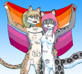 body_writing bottomwear cargo_pants choker clothing collar crop_top duo female flag flag_(object) fur hair hand_on_side happy holding_flag holding_object jewelry lesbian_pride_colors lgbt_pride markings necklace nonbinary_pride_colors nude open_mouth pants ponytail pride_colors print_clothing print_shirt print_t-shirt print_topwear shirt shorts simple_background smile spots t-shirt tail text therian_symbol topwear dawnlux lgbt_pride_month ane_(anetxuu) koko_(exoskye) cheetah felid feline mammal pantherine snow_leopard english_text hi_res shaded nonbinary_(lore)