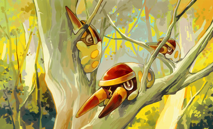 ambiguous_gender brown_eyes feral forest forest_background group in_tree nature nature_background plant tree trio white_body ame_ivysaur nintendo pokemon arthropod generation_7_pokemon grubbin insect pokemon_(species) 2023 hi_res