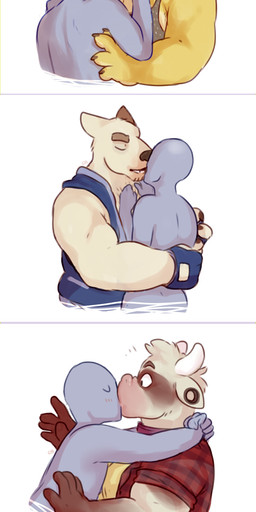 anthro blush clothed clothing duo ear_piercing eyes_closed faceless_character faceless_male facial_piercing fur gauged_ear hairy half-closed_eyes head_grab horn hug human_on_anthro interspecies kissing larger_male looking_at_another looking_at_partner male male/male male_on_anthro narrowed_eyes nose_piercing piercing romantic romantic_couple septum_piercing side_view simple_background size_difference smaller_male snout surprised white_background wide_eyed glitter_trap_boy alan_fisher anon big_shiba chad_(glitter_trap_boy) tommy_the_cow bovid bovine canid canine cattle human mammal absurd_res hi_res multiple_images