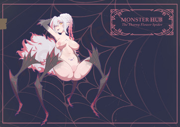 4_legs 5_fingers areola arthropod_abdomen arthropod_webbing big_areola big_breasts big_butt black_body bodily_fluids breasts butt eyebrows eyelashes female fingers flower fur genitals hair lips long_eyelashes long_hair looking_at_viewer makeup mostly_nude navel nude nude_female open_mouth plant presenting presenting_vulva purple_hair red_body red_fur red_hair simple_background solo spider_web spread_legs spreading text vulva white_body white_fur nekit48l capcom monster_hunter animal_humanoid arachnid arachnid_humanoid arthropod arthropod_humanoid humanoid lala_barina spider spider_humanoid temnoceran 2026 detailed digital_drawing_(artwork) digital_media_(artwork) english_text hi_res