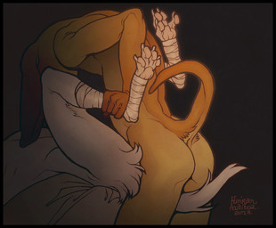 4_toes anthro anthro_on_anthro anthro_penetrated anthro_penetrating anthro_penetrating_anthro anus bandage bandaged_leg bandaged_legs bed black_border border butt butt_tuft duo faceless_anthro faceless_character faceless_male feet floppy_ears fur furniture hindpaw holding_another's_leg holding_leg humanoid_hands leg_grab lop_ears male male/male male_anthro male_penetrated male_penetrating male_penetrating_male multicolored_body multicolored_fur nude_anthro nude_male orange_body orange_fur pawpads paws penetration pink_pawpads sex slim_anthro slim_male tail text toes tuft two_tone_body two_tone_fur white_body white_fur white_tail yellow_body yellow_fur koiranmaitoa canid canine canis domestic_dog mammal 2018 artist_name dated portrait three-quarter_portrait