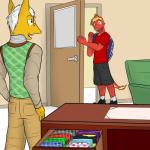 anthro anthrofied backpack checkered clothing collection desk door drawer duo eyewear fire flaming_tail floor furniture gesture glasses male pokemorph smile sofa table tail therapy underwear waving fuze nintendo pokemon charmeleon generation_1_pokemon hypno_(pokemon) pokemon_(species) 1:1 hi_res