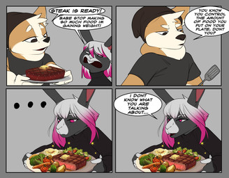 4_panel_comic anthro beef clothed clothing comic_panel cooking dialogue duo female food hair humor male meat pink_hair plate romantic romantic_couple shirt speech_bubble steak text topwear white_hair corginamedbruno canid canine canis domestic_dog herding_dog lagomorph leporid mammal pastoral_dog rabbit welsh_corgi absurd_res comic english_text flat_colors hi_res