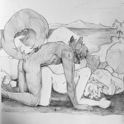 all_fours anal anal_penetration anthro anthro_on_anthro anthro_penetrated anthro_penetrating anthro_penetrating_anthro ass_up blush blush_lines bodily_fluids butt duo ear_piercing ear_ring ears_back eyes_closed fur hair male male/male male_penetrated male_penetrating male_penetrating_male nude obscured_penetration outside penetration piercing pivoted_ears ring_piercing rock sex short_hair sky sweat text unsigned akatan_art canid canine canis mammal wolf 1:1 english_text greyscale hi_res monochrome sketch traditional_media_(artwork)