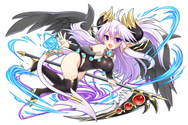 accessory alternative_fashion black_clothing black_leotard blue_eyes clothed clothing cute_fangs fangs female furgonomics gem gold_(metal) holding_melee_weapon holding_object holding_polearm holding_scythe holding_weapon horn jewelry leotard magic melee_weapon not_furry open_mouth polearm ring scythe simple_background skimpy solo tail tail_accessory tail_jewelry tail_ring tail_wraps teeth weapon white_background wings wraps mofuaki humanoid winged_humanoid 2015 3:2