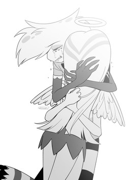 bodily_fluids clothed clothing crying feathered_wings feathers female halo hug simple_background solo tears white_background wings enaic31 hazbin_hotel hellaverse angel_dust molly_(hazbin_hotel) angel arachnid arthropod demon spider absurd_res hi_res monochrome brother_(lore) brother_and_sister_(lore) sibling_(lore) sister_(lore)
