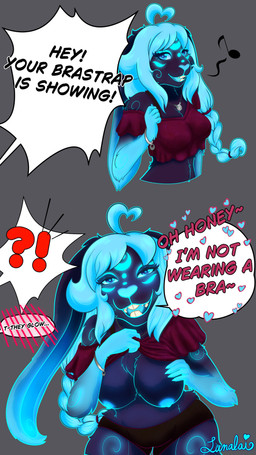anthro areola big_breasts bioluminescence black_bottomwear black_clothing black_shorts blue_areola blue_hair blue_nipples blush bottomwear bra_strap bracelet breast_grab breasts buckteeth clothed clothing exposed_breasts fangs female fingers floppy_ears fur glowing glowing_nipples hair hand_on_breast heart_eyes heart_pupils heart_reaction heart_symbol jewelry long_hair looking_at_viewer lop_ears neck_tuft necklace nipples open_mouth purple_body purple_eyes purple_fur red_clothing red_hair_accessory red_hair_tie red_hairband red_shirt red_topwear scut_tail shirt short_tail shorts shortstack shortstack_female simple_background smile solo solo_focus solo_in_panel speech_bubble swirl_pattern swirls tail teeth teeth_showing text tongue topwear tuft white_hair lunalaimoonglow bra_strap_showing_(meme) mythology vtuber lunalai domestic_rabbit lagomorph leporid lop_rabbit lumine mammal mythological_creature oryctolagus rabbit absurd_res artist_name colored comic digital_drawing_(artwork) digital_media_(artwork) english_description english_text hi_res meme shaded signature
