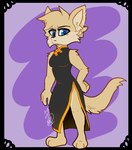 anthro big_ears blue_eyes clothing dress female fur hand_on_hip looking_down pose showing_leg solo tan_body tan_fur roxyroo matthews(razumi) canid canine fennec_fox fox mammal true_fox hi_res pinup