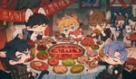 beverage black_hair blonde_hair blue_eyes blue_hair brown_hair chibi chinese_food chopsticks clothed clothing detailed_food dumplings east_asian_food eating eating_food eyes_closed food fruit group hair holding_chopsticks holding_object holding_teapot human_and_animal_ears inner_ear_fluff jiaozi male meat melon multi_ear one_eye_closed open_mouth plant smile tea teapot text tuft watermelon watermelon_slice juanmao1997 animal_humanoid cat_humanoid felid felid_humanoid feline feline_humanoid humanoid mammal mammal_humanoid 2022 absurd_res chinese_text detailed hi_res translated