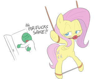 ?_face ball_gag bdsm blush bodily_fluids bondage bound dialogue drooling duo female feral gag male saliva solo_focus text wings shoutingisfun friendship_is_magic hasbro my_little_pony mythology anon fluttershy_(mlp) equid equine mammal mythological_creature mythological_equine pegasus english_text