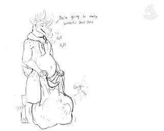 anthro antlers balls belly bodily_fluids breath cum cum_vore dialogue digestion digitigrade erection genital_fluids genitals horn male navel precum solo text tongue tongue_out vore nolow deer mammal 2017 english_text monochrome sketch