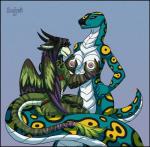 anthro apode black_border border breasts chromatic_aberration duo feathers female female/female hair legless nipples non-mammal_breasts serpentine tail silvergrin mythology draconcopode dragon feathered_dragon feathered_scalie mythological_creature mythological_scalie naga python reptile scalie snake hi_res