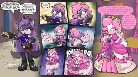 alternate_costume anthro big_breasts black_body black_fur breasts clothed clothing clothing_swap cocky_smile crown dialogue dress female fur hair headgear howl identity_death long_hair mind_alteration personality_change pink_eyes pink_hair princess purple_hair red_eyes royalty solo speech_bubble surprised text tiara transformation white_body white_fur azure_lionheart luna_(enrise89) canid canine canis mammal wolf 16:9 colored comic english_text hi_res sequence widescreen