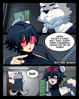 anthro dialogue duo facial_markings female hair head_markings holding_money holding_object human_to_anthro male markings mask_(marking) money open_mouth round_sunglasses smile species_transformation tail text transformation butter_sugoi butter_sugoi_(character) canid canine canis human mammal procyonid raccoon wolf comic digital_media_(artwork) english_text