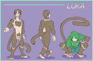 anthro athletic athletic_anthro balls border bottomwear butt clothed clothing crouching flaccid foreskin front_view fully_clothed genitals green_border hoodie looking_at_viewer male nude open_mouth pecs penis plantigrade pubes reaching_towards_viewer rear_view shorts smile solo topwear walking delicatessen luka_(alvasia) haplorhine mammal monkey primate flat_colors hi_res model_sheet multiple_images