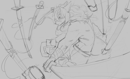 action_pose anthro bottomwear clothed clothing ears_back hair holding_melee_weapon holding_object holding_sword holding_weapon long_hair male male_anthro melee_weapon messy_hair mouth_closed muscular muscular_anthro muscular_male pants pivoted_ears pose side_view solo sword topless weapon awaldkize canid canine mammal absurd_res hi_res monochrome