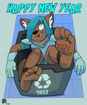 4_toes anthro barefoot blue_hair bodily_fluids feet hair holidays humanoid_feet male plantigrade recycling_symbol simple_background soles solo sweat sweatdrop symbol toes trash_can introvertedpooch new_year canid canine canis domestic_dog mammal 2023 hi_res