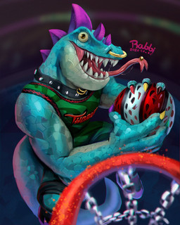 anthro athletic ball basketball_(ball) basketball_hoop basketball_uniform bodily_fluids bottomwear brown_eyes clothing collar ear_piercing ear_ring footwear forked_tongue green_body green_scales head_spikes holding_ball holding_object long_tongue male multicolored_claws muscular muscular_arms neck_piercing open_mouth piercing purple_spikes ring_piercing saliva scales sharp_teeth shirt shoes shorts solo spikes spikes_(anatomy) sportswear tail tank_top teeth text tongue tongue_out tongue_piercing topwear uniform powerrabbi goat_(movie) sony_corporation sony_pictures modo_olachenko komodo_dragon lizard monitor_lizard reptile scalie 2026 4:5 absurd_res artist_name dated digital_media_(artwork) hi_res