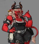 anthro black_nails clothing colored_nails ear_piercing ear_tag facial_piercing female fur hair hair_over_eyes inner_ear_fluff lipstick makeup nails nose_piercing nose_ring overalls piercing red_body red_fur ring_piercing solo tuft s_miles_art epic_games fortnite desdemona_(fortnite) desdemoona bovid demon mammal hi_res