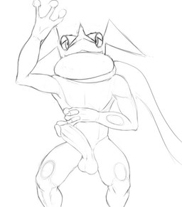 anthro balls circumcised erection genitals humanoid_genitalia humanoid_penis lying male muscular muscular_anthro muscular_male penis scarf solo tongue seyrmo nintendo pokemon amphibian generation_6_pokemon greninja pokemon_(species) black_and_white monochrome sketch source_request