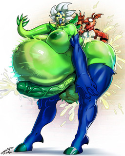 abdominal_bulge ahegao ambiguous_penetration anthro areola balls big_balls big_breasts big_butt bodily_fluids bouncing_breasts breasts butt clothed clothing cum cum_explosion cum_inflated_belly cum_inflation cum_inside dominant duo excessive_cum excessive_genital_fluids genital_fluids genitals glans green_areola green_balls green_breasts green_glans green_nipples green_penis green_sclera gynomorph hands_on_legs huge_breasts huge_butt humanoid_genitalia humanoid_penis hyper impact_lines inflation intersex intersex/male jewelry larger_dom looking_pleasured male nipples partially_clothed penetration penis pinned pinned_to_wall power_bottom retracted_balls sharp_teeth size_difference teeth vein veiny_penis ayojayo bandai_namco digimon zephia digimon_(species) guilmon humanoid sunflowmon absurd_res hi_res tagme