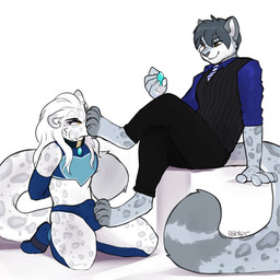 4_toes alternate_species anthro arm_warmers armwear barefoot biped black_clothing black_nose black_topwear black_vest blue_clothing blue_dress_shirt blue_footwear blue_socks blue_underwear brown_eyes bulge clothed clothing collar control_collar detailed_bulge digitigrade dominant dominant_male duo feet foot_fetish foot_on_bulge foot_on_face foot_play footwear fur gem grey_hair hair hands_behind_back kneeling long_hair long_tail male male/male markings necktie pattern_clothing pattern_necktie pattern_topwear pattern_vest pinstripes rolled_up_sleeves simple_background sitting skimpy smile smirk smug socks spots spotted_body spotted_markings spotted_tail striped_clothing striped_topwear striped_vest stripes submissive submissive_male tail tail_markings toes topwear underwear vest white_background white_body white_ears white_fur white_hair white_tail seibear kiyn_(kiynatonis) novus felid mammal pantherine snow_leopard 1:1 2023 hi_res signature