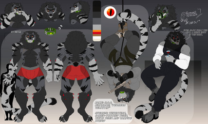 anthro blood blood_in_glass blood_in_mouth bodily_fluids boots bulge cheek_tuft claws climbing_harness clothed clothing collar comparing ear_piercing ear_ring facial_tuft fluffy fluffy_chest fluffy_hair footwear fur glowing glowing_eyes gun hair handgun looking_at_viewer looking_down male multicolored_body multicolored_fur muscular muscular_anthro muscular_male muzzle_(object) muzzled neck_tuft nipples orange_eyes piercing pistol ranged_weapon red_eyes ring_piercing rope seductive sharp_teeth shoes shush solo striped_body stripes suppressed_weapon teeth text tuft underwear upside_down weapon wide_smile teymosoo perseus_(teymosoo) felid hybrid hyena mammal pantherine prehistoric_species saber-toothed_tiger tiger vampire werecreature werehyena 5:3 absurd_res english_text hi_res model_sheet