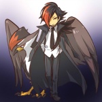 1:1 alternate_species bottomwear cape clothed clothing cosplay duo feathered_wings feathers feral fully_clothed generation_4_pokemon grey_hair hair hitec human humanized long_hair male mammal necktie nintendo pants pokemon pokemon_(species) pokemon_trainer shirt staraptor topwear wings