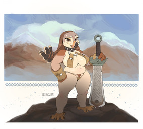 4_fingers anthro beak big_breasts breasts brown_eyes camel_toe cartoon_freckles cleavage cleavage_overflow clothed clothing crotch_tuft eyelashes feather_hair feathers female fingers freckled_face freckles glistening_eyelids gloves hand_on_hip handwear holding_object holding_weapon long_eyelashes multicolored_body navel neckwear nipple_outline nipples non-mammal_breasts non-mammal_navel non-mammal_nipples o-ring open_mouth overweight overweight_anthro overweight_female partially_clothed pseudo_hair pubes scuted_feet scutes shortstack shortstack_female skimpy slightly_chubby slightly_chubby_anthro slightly_chubby_female solo standing tan_body thick_thighs tuft weapon ekixu avian bird falcon falconid 2024 digital_media_(artwork) hi_res signature