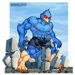 anthro beak big_bulge biped blue_body boxer_briefs building building_destruction bulge car city clothed clothing destruction detailed_bulge macro male muscular muscular_male skyscraper solo surprise topless underwear vehicle wolfmalro nintendo star_fox falco_lombardi avian bird hi_res