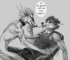 5_fingers anthro belt black_nose bottomwear cigarette claws clothed clothing collar collar_only duo facial_tuft fingers fur hair hand_on_chin long_ears male male/male nude orange_eyes reclining shirt smile straddling stubble tank_top teeth text topwear tuft white_body white_fur nukerooster dresten grenner arch_(nukerooster) canid canine canis mammal english_text hi_res