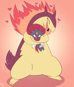 anthro biped black_body black_nose blush blush_lines bodily_fluids claws countershade_face countershade_torso countershading duo eyes_closed female feral finger_claws fire forehead_gem front_view gem hair heart_symbol holding_another hug larger_feral open_mouth open_smile red_hair semi-anthro simple_background size_difference smaller_anthro smile standing sweat tan_body tan_countershading teeth toe_claws tongue fuf nintendo pokemon generation_2_pokemon generation_4_pokemon pokemon_(species) typhlosion weavile 2019 digital_media_(artwork) hi_res