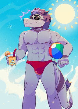 abs anthro ball beach_ball beverage bulge clothing cloud eyewear hair inflatable male markings muscular muscular_anthro muscular_male nipples non-mammal_nipples pecs sky solo spots spotted_markings sun sunglasses tail thong underwear dinxiemintie patreon connor_(dinxiemintie) dinosaur prehistoric_species reptile scalie absurd_res hi_res